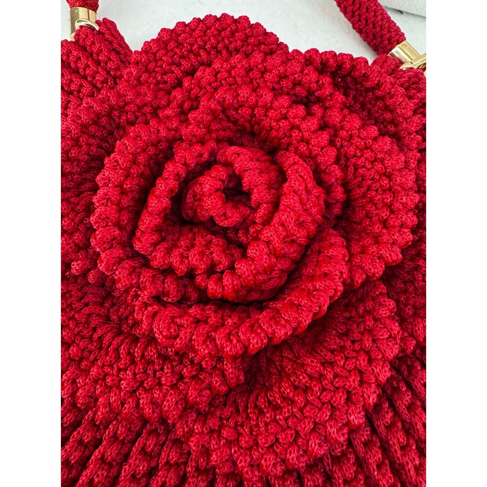 Handmade Red Crochet Floral Shoulder Bag Boho Cottagecore Knit statement purse - Picture 11 of 12